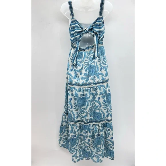 Joie Boho Tiered Tie Back Maxi Dress Sz 6 Blue Beaded Festival Coquette Peasant - Picture 2 of 14